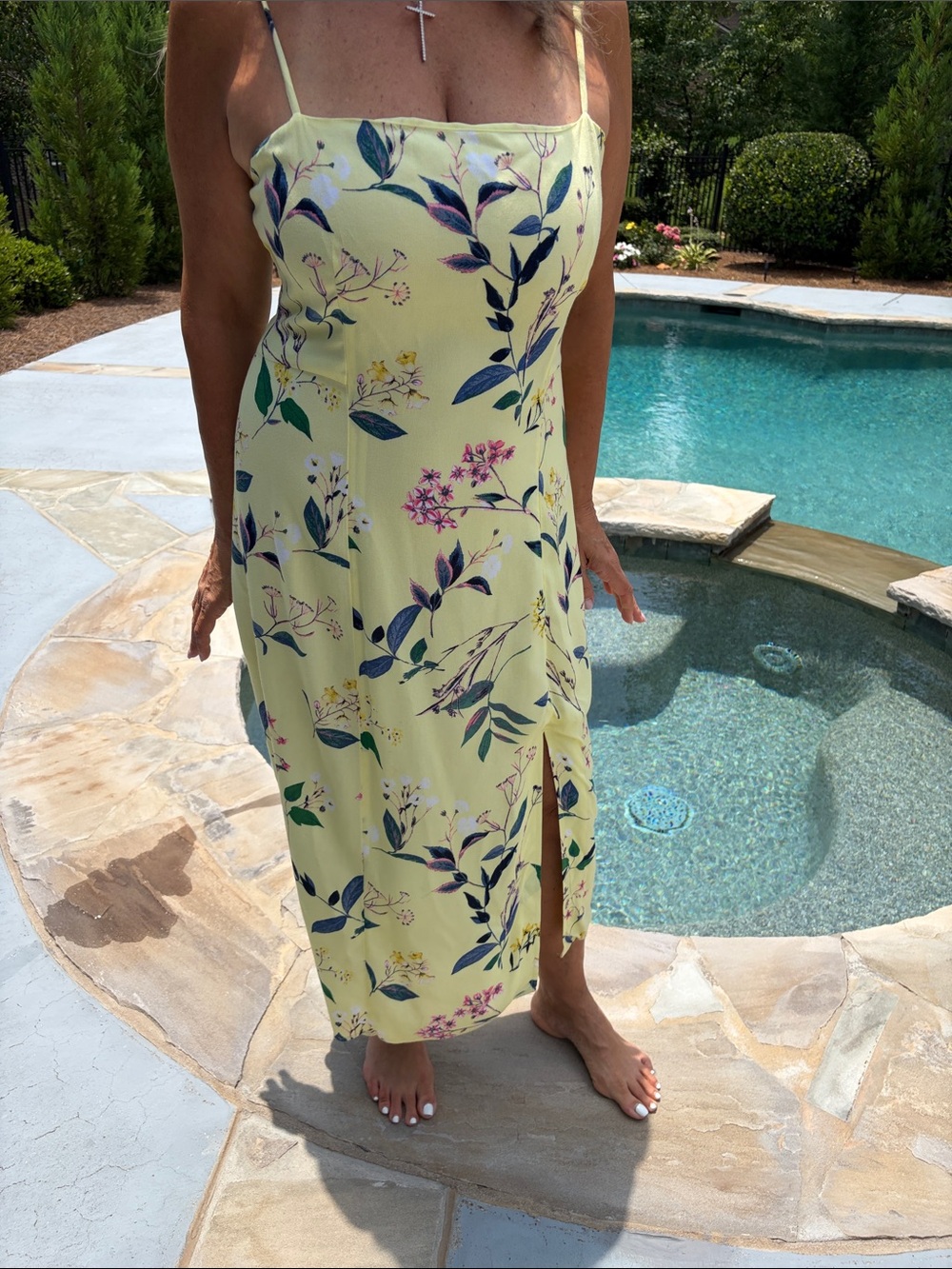Banana Republic Yellow Floral Slip Maxi Dress with Navy & Pink Accents